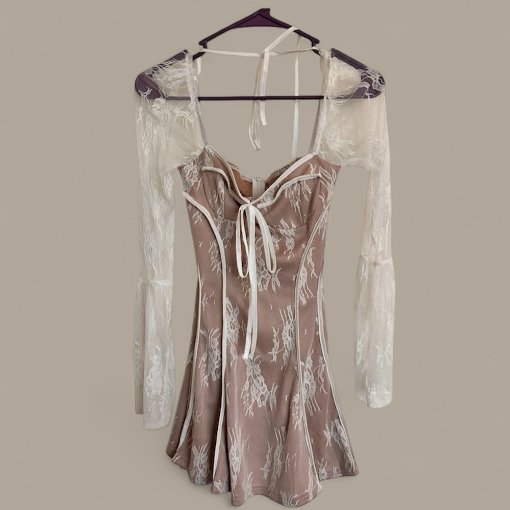 Elegant Lace Overlay Dress in Cream and Brown